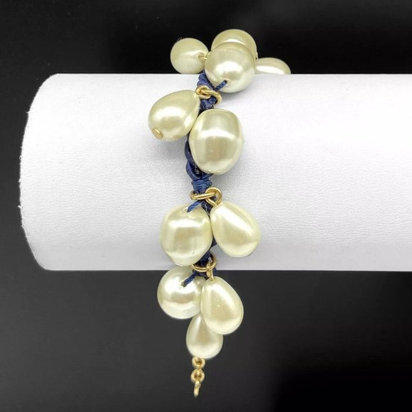Talbots Faux Pearl Beaded Navy Blue Cord Bracelet